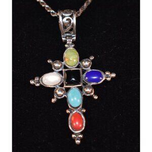 Vintage Sterling Silver 925 MOP Multi-Color Gemstone Cross Pendant 20" Chain